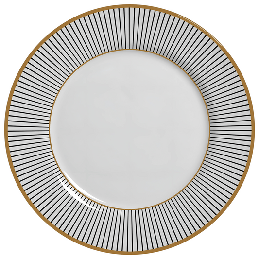 Prato raso de cerâmica preto, 28,5cm, da linha Ritz, com design geométrico.