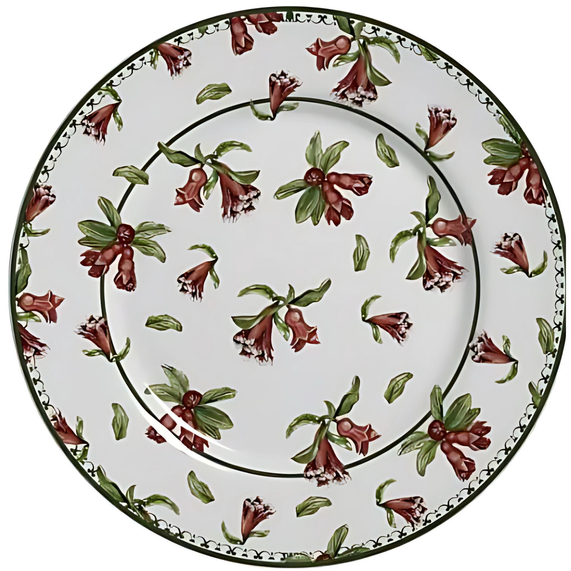 Prato raso de cerâmica com estampa delicada de romãs.