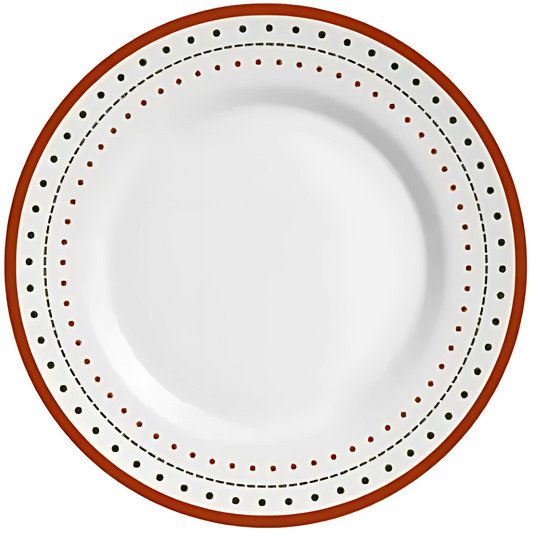 Prato raso em faiança com estampa de pontos natalinos.