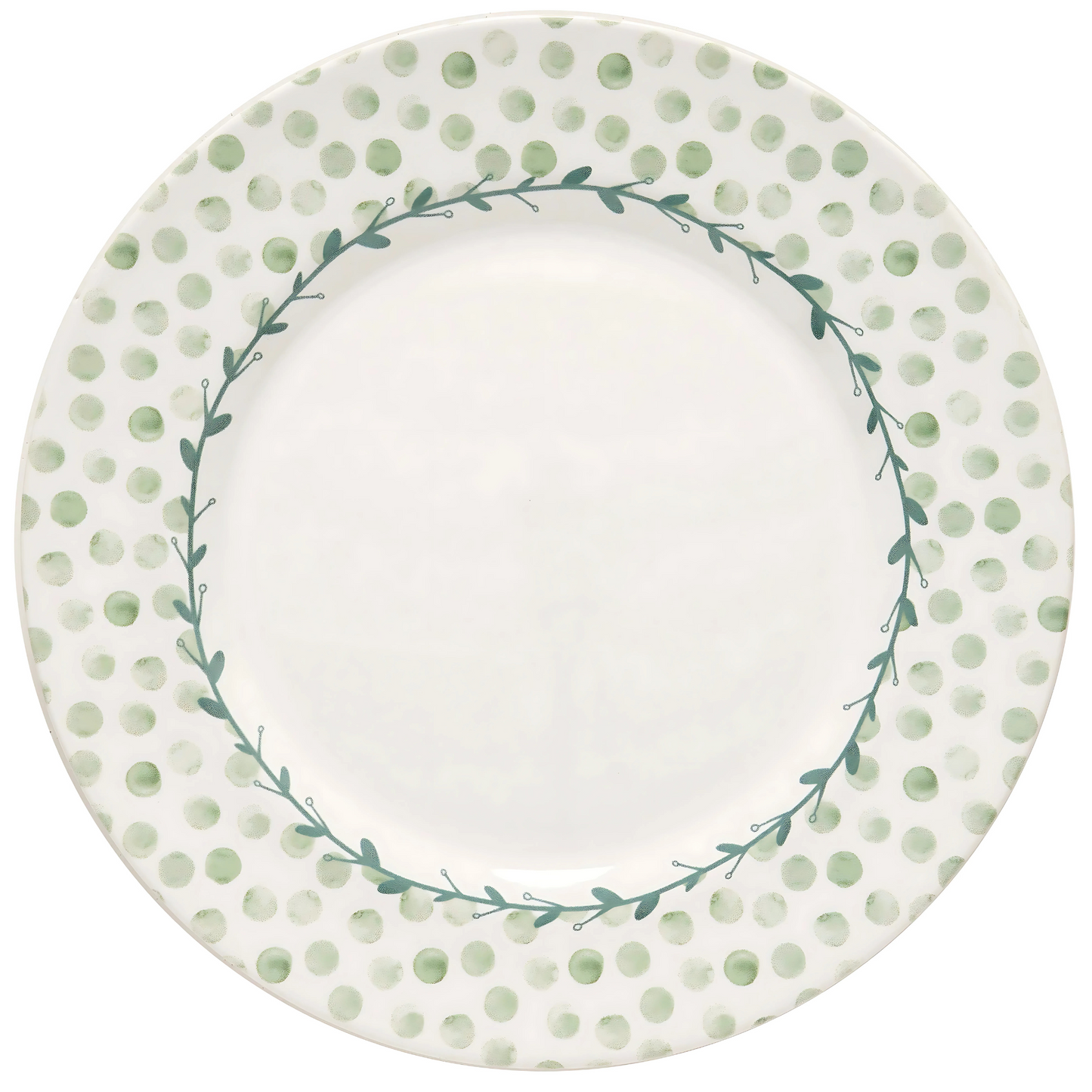 Prato raso Poá Verde (29cm) em cerâmica, com estampa clássica de bolinhas verdes.