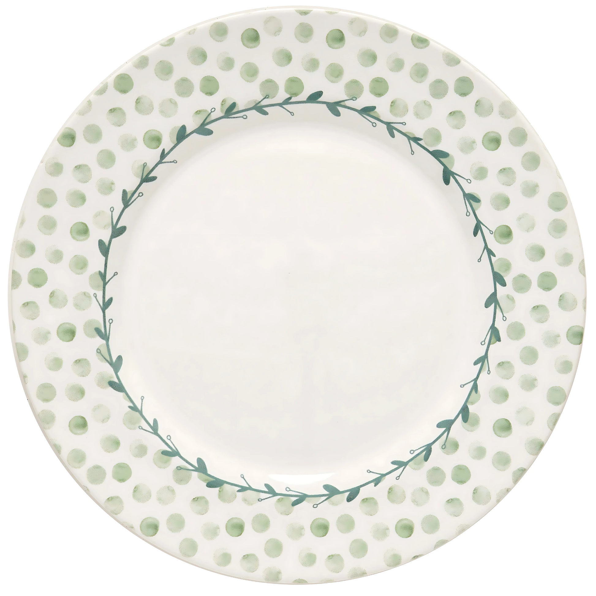 Prato raso Poá Verde (29cm) em cerâmica, com estampa clássica de bolinhas verdes.