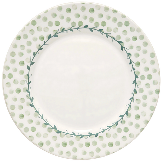 Prato raso Poá Verde (29cm) em cerâmica, com estampa clássica de bolinhas verdes.