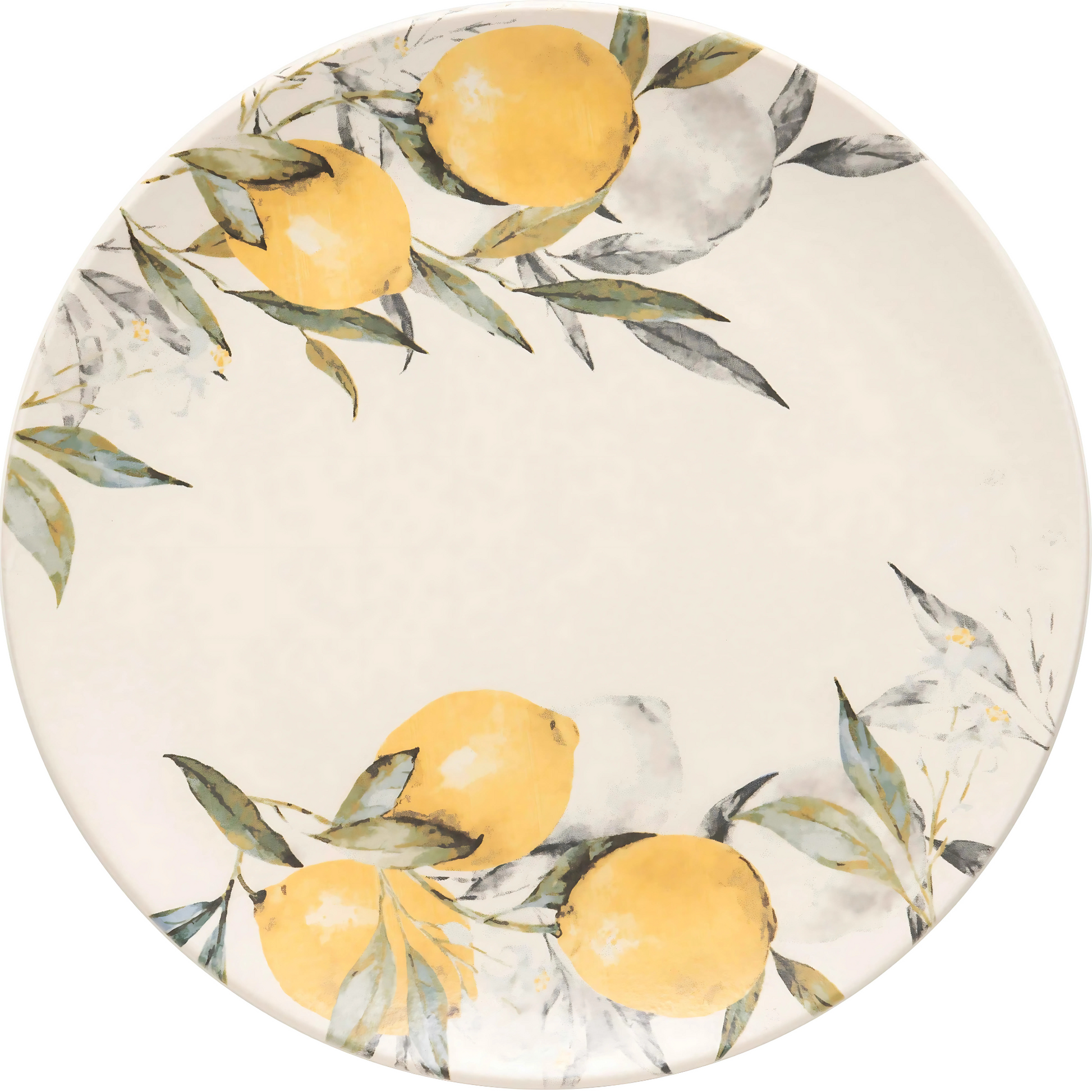 Prato raso Siciliano (27cm) em cerâmica, com estampa amarela e verde de limões sicilianos em aquarela.