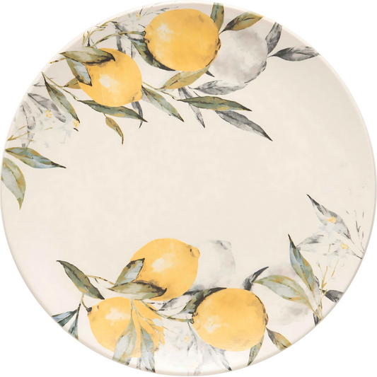 Prato raso Siciliano (27cm) em cerâmica, com estampa amarela e verde de limões sicilianos em aquarela.