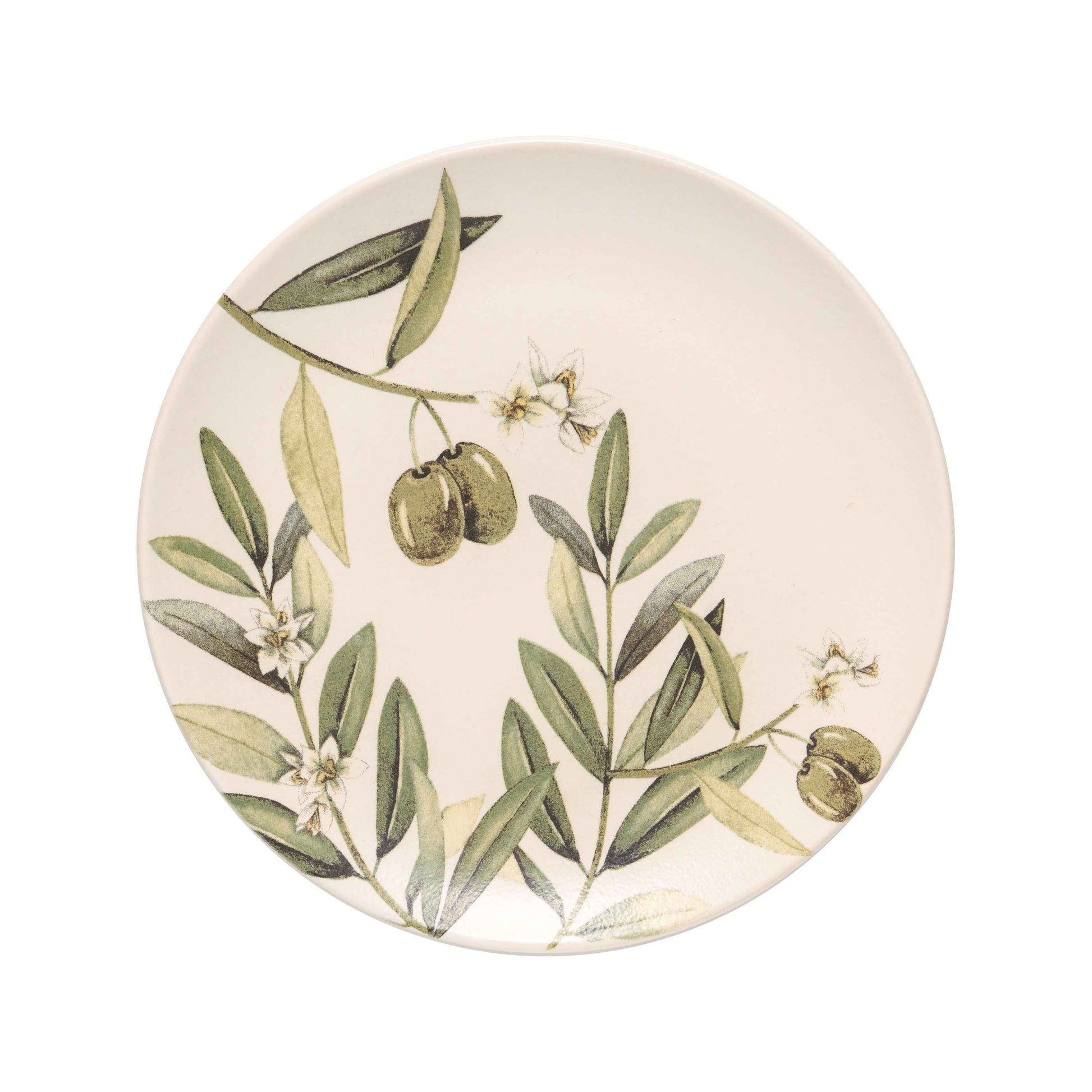 Prato de sobremesa Azeitonas (21cm) em cerâmica, com estampa de galhos de azeitona em aquarela.