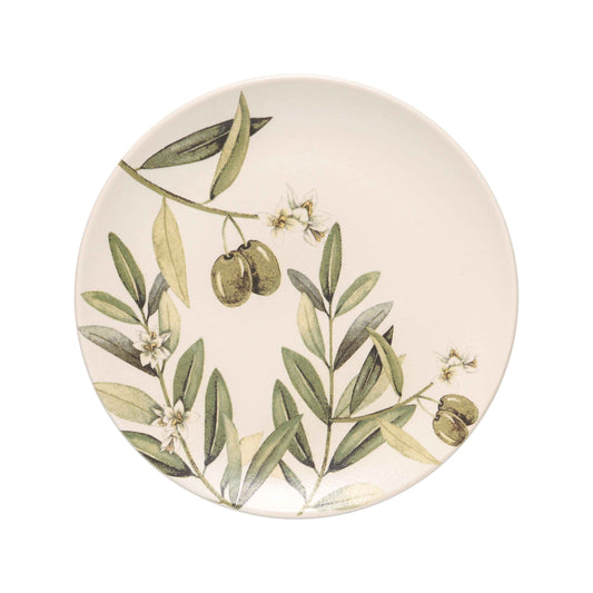 Prato de sobremesa Azeitonas (21cm) em cerâmica, com estampa de galhos de azeitona em aquarela.