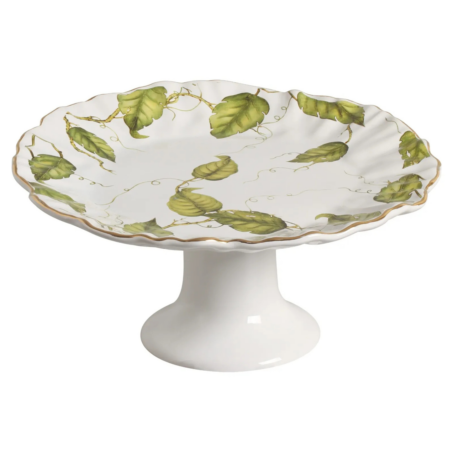 Prato para torta de cerâmica com 33cm de diâmetro, da linha Botanique, com estampa delicada de folha.