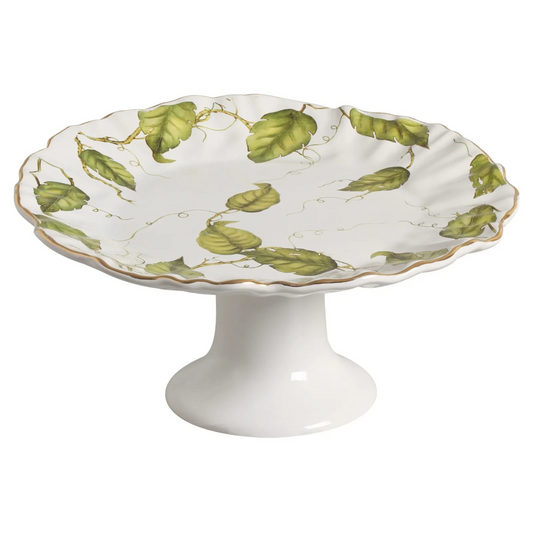 Prato para torta de cerâmica com 33cm de diâmetro, da linha Botanique, com estampa delicada de folha.