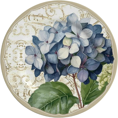 Prato de sobremesa redondo de cerâmica feldspática com estampa floral de hortênsias, 21 cm de diâmetro, ideal para mesa posta.