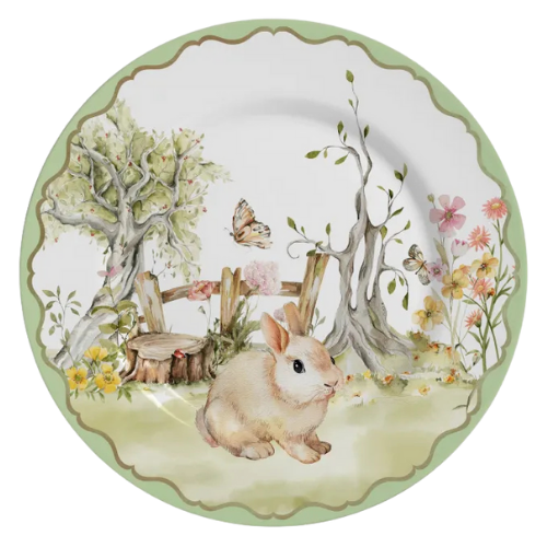 Prato de sobremesa Magic Easter Coelho (20cm) em cerâmica branca, com estampa de coelho e tema de Páscoa.