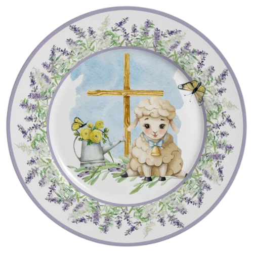 Prato de sobremesa redondo de cerâmica branca com estampa digital de ovelha e cruz, 21 cm de diâmetro, ideal para mesa posta com significado.