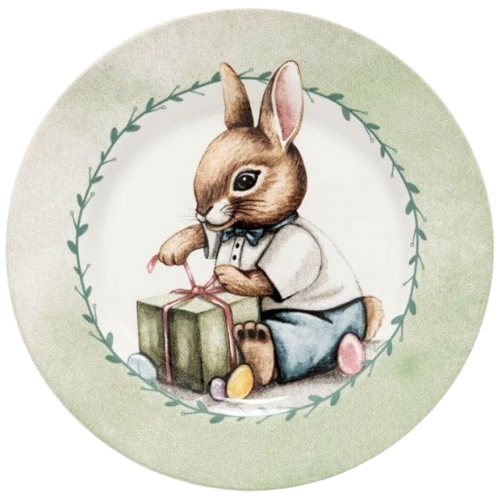Prato de sobremesa redondo de cerâmica com estampa de coelho segurando um presente, 20 cm de diâmetro, ideal para a Páscoa.