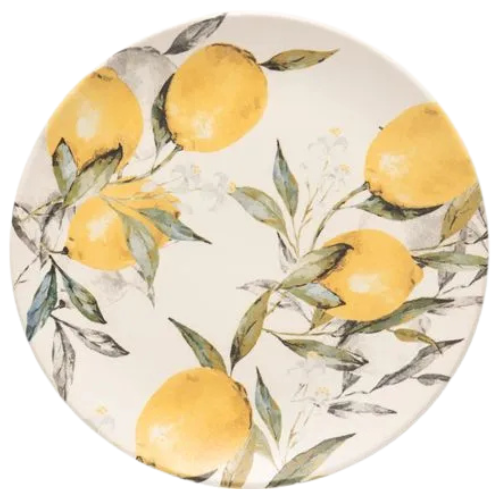 Prato de sobremesa Siciliano (21cm) em cerâmica, com estampa amarela de limões sicilianos em aquarela.