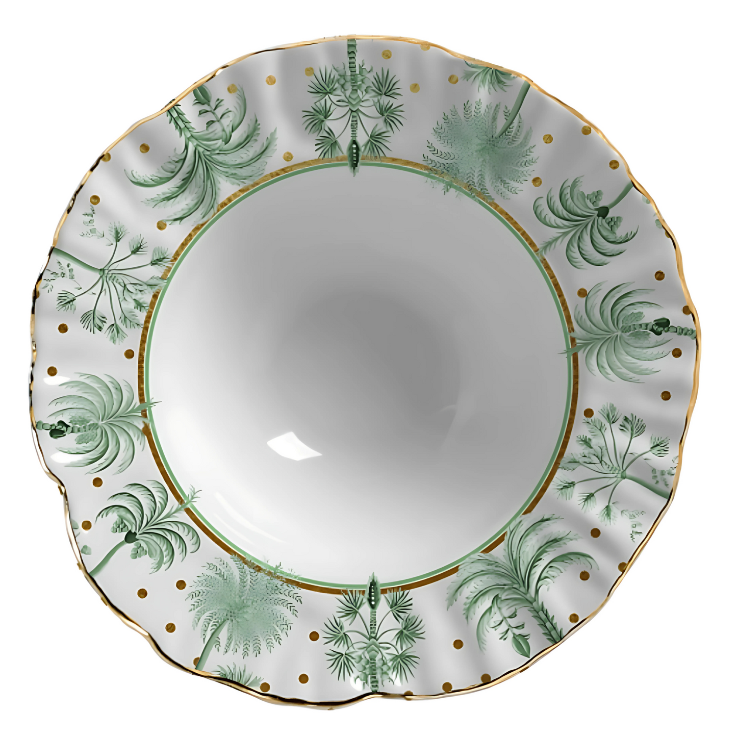 Prato fundo de cerâmica com estampa de bolinhas (petit poá) e folhagens tropicais verdes