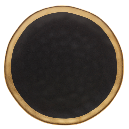 Prato raso de porcelana, 25cm, da linha Dubai com fundo preto e borda dourada.