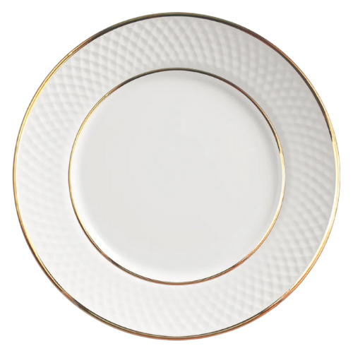 Prato raso com design Split Gold, detalhes dourados e fundo branco/preto