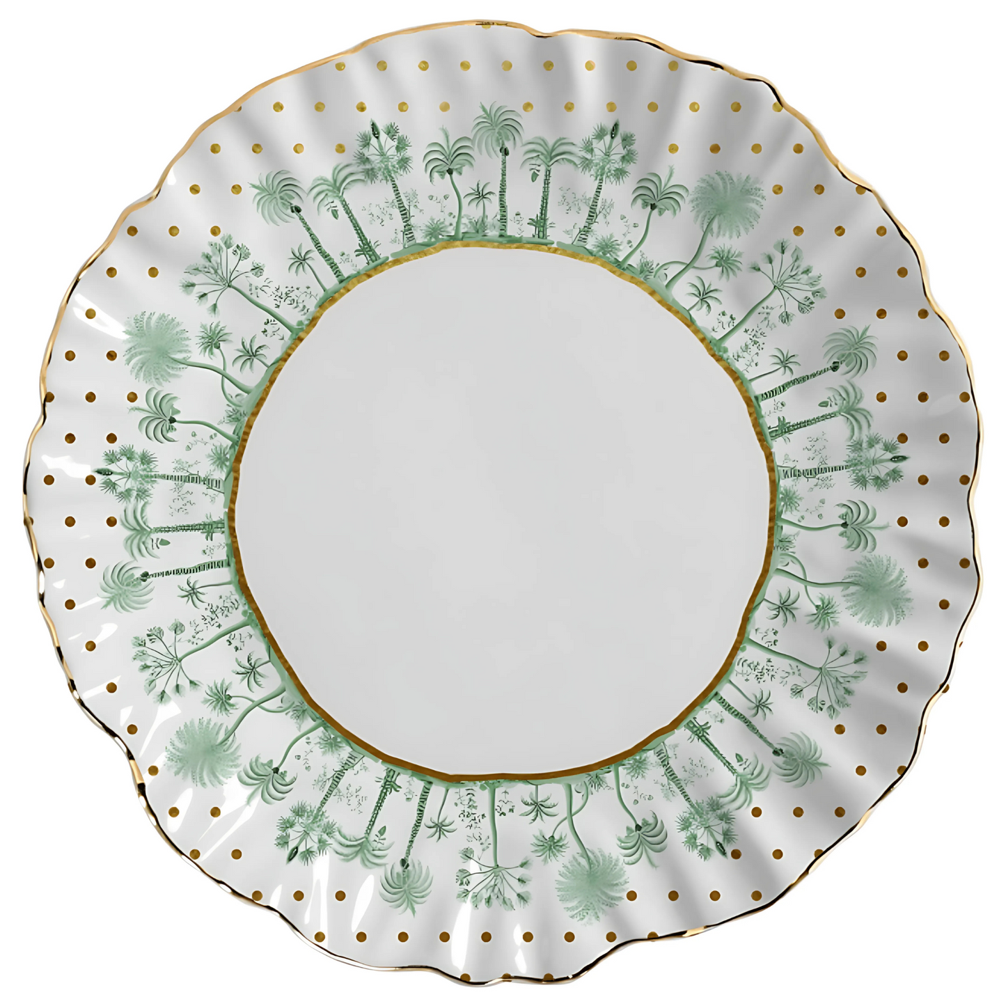 Prato raso de cerâmica com estampa de bolinhas (petit poá) e folhagens tropicais verdes.