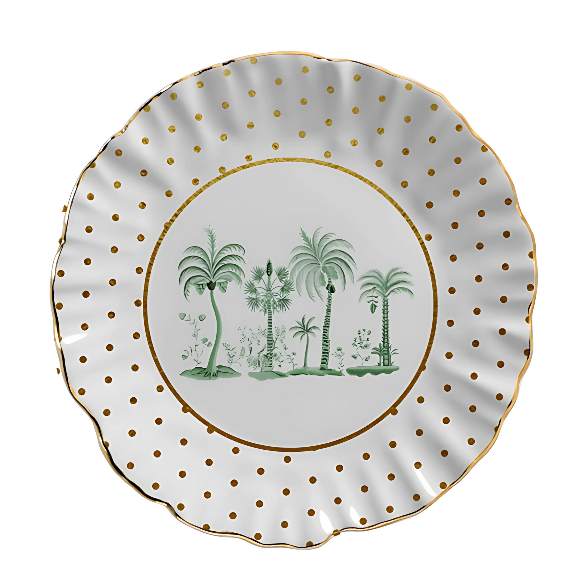 Prato de sobremesa de cerâmica com estampa de bolinhas (petit poá) e folhagens tropicais verdes.
