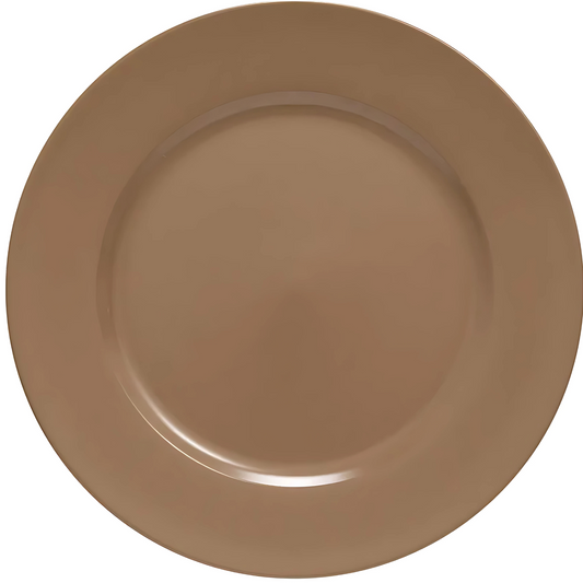 Sousplat redondo Basic Taupe, com 33cm de diâmetro.