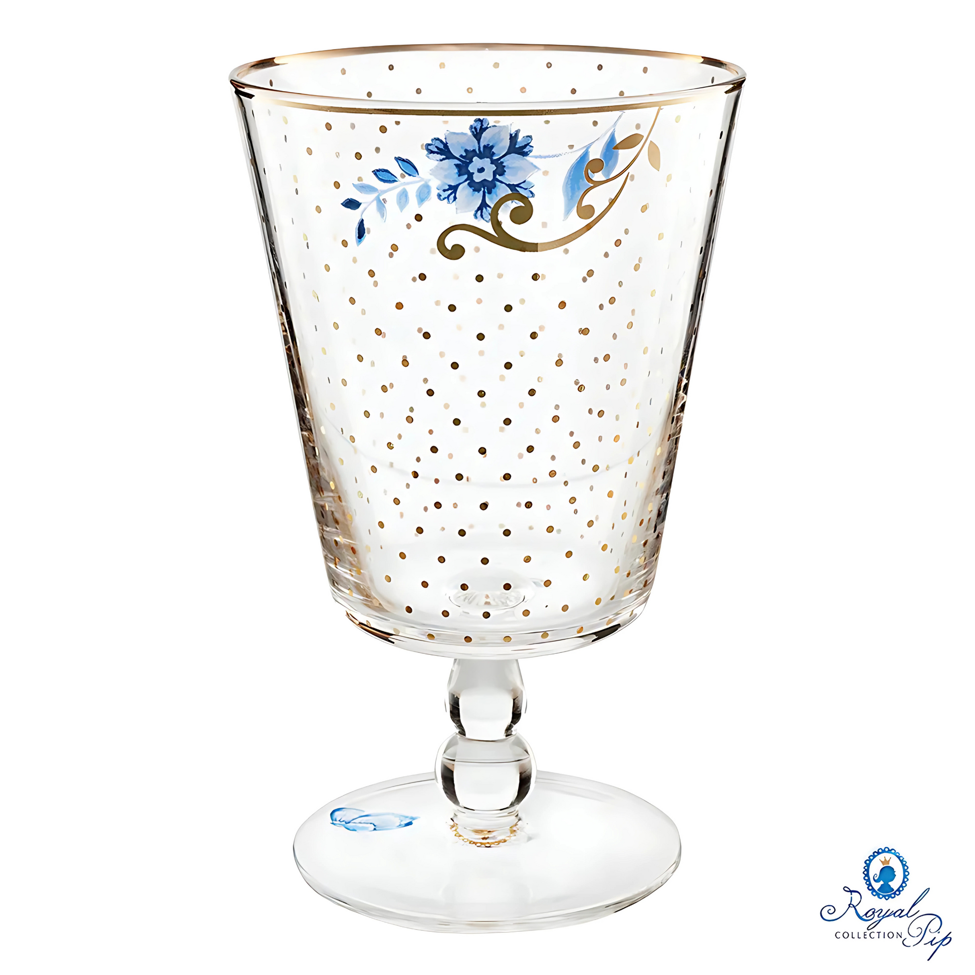Taça/Cálice para Água Royal Golden Dots (360ml) da Pip Studio, destacando os pontos dourados no vidro.