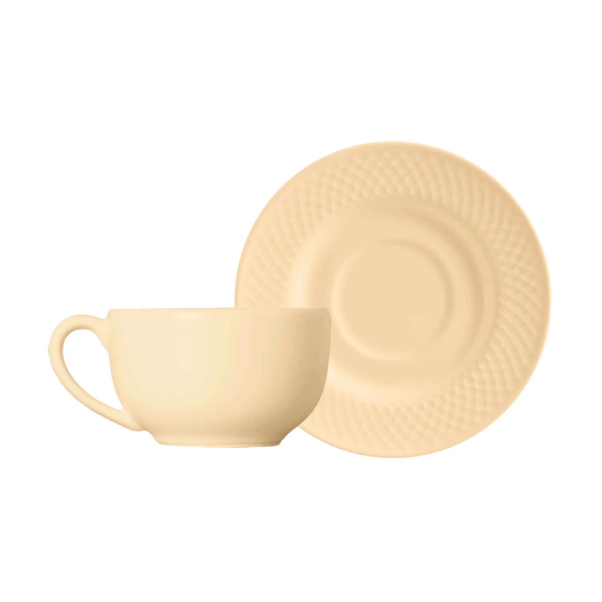  Xícara de chá de cerâmica na cor nude com pires, em acabamento acetinado.
