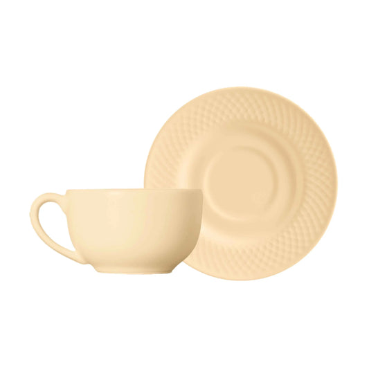  Xícara de chá de cerâmica na cor nude com pires, em acabamento acetinado.