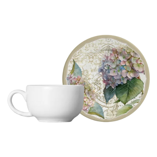 Conjunto de xícara de café e pires com estampa floral de hortênsias