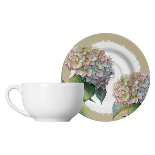 Conjunto de xícara e pires floral, cerâmica 250ml, para mesa posta elegante e delicada.