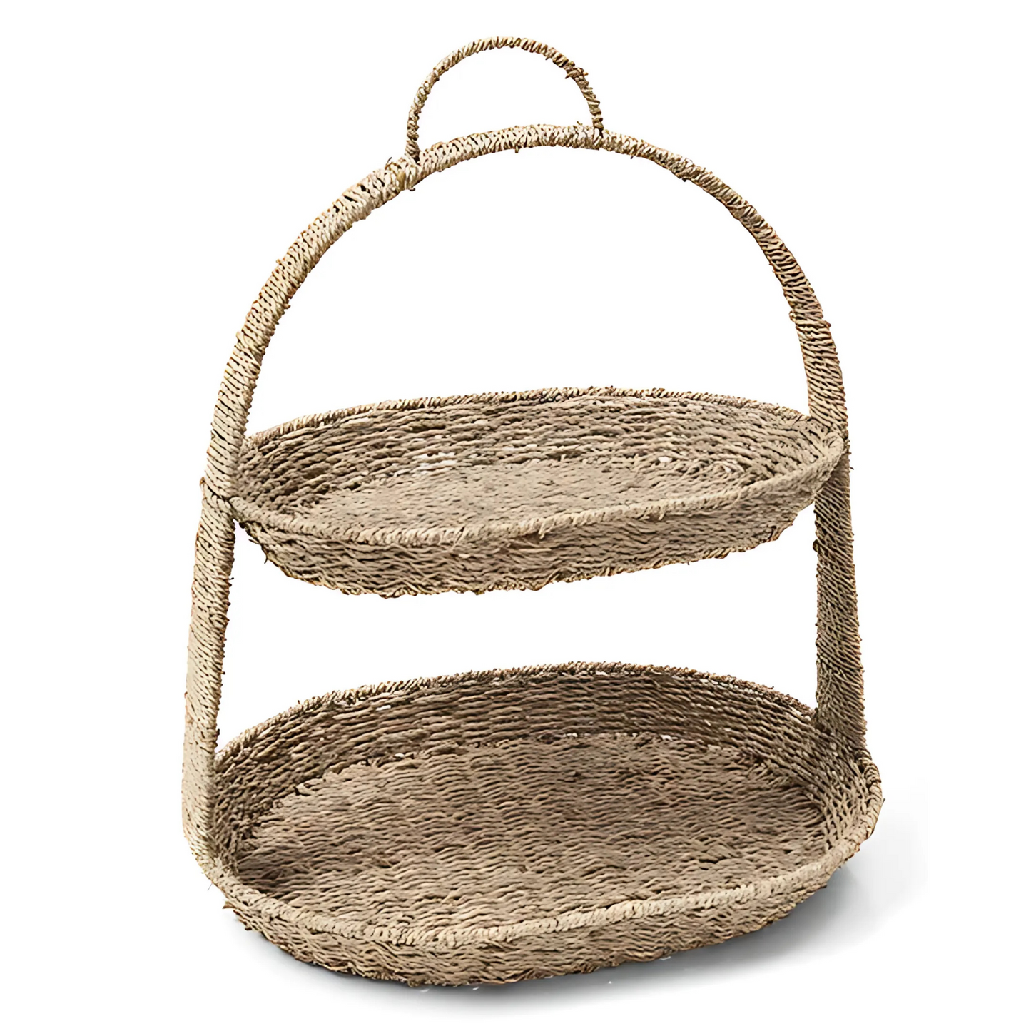  Cesta dupla em fibra natural de grama marinha, com alça de tecido.