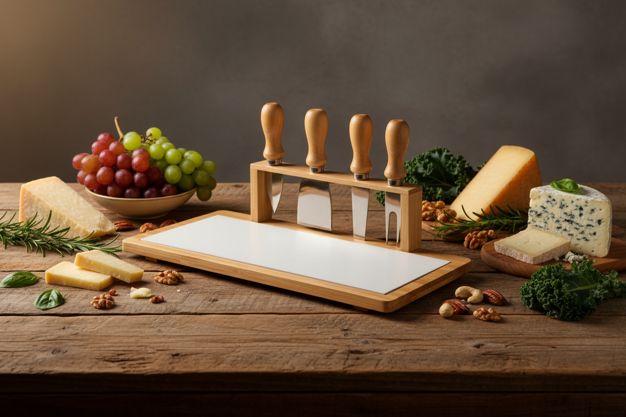 Conjunto Bandeja de Bambu com 4 Facas para Queijo - Ambientação