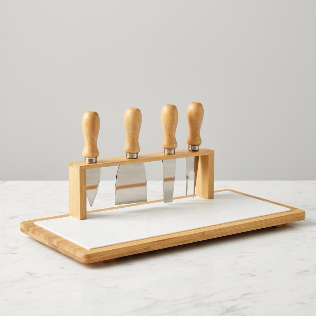 Conjunto Bandeja de Bambu com 4 Facas para Queijo