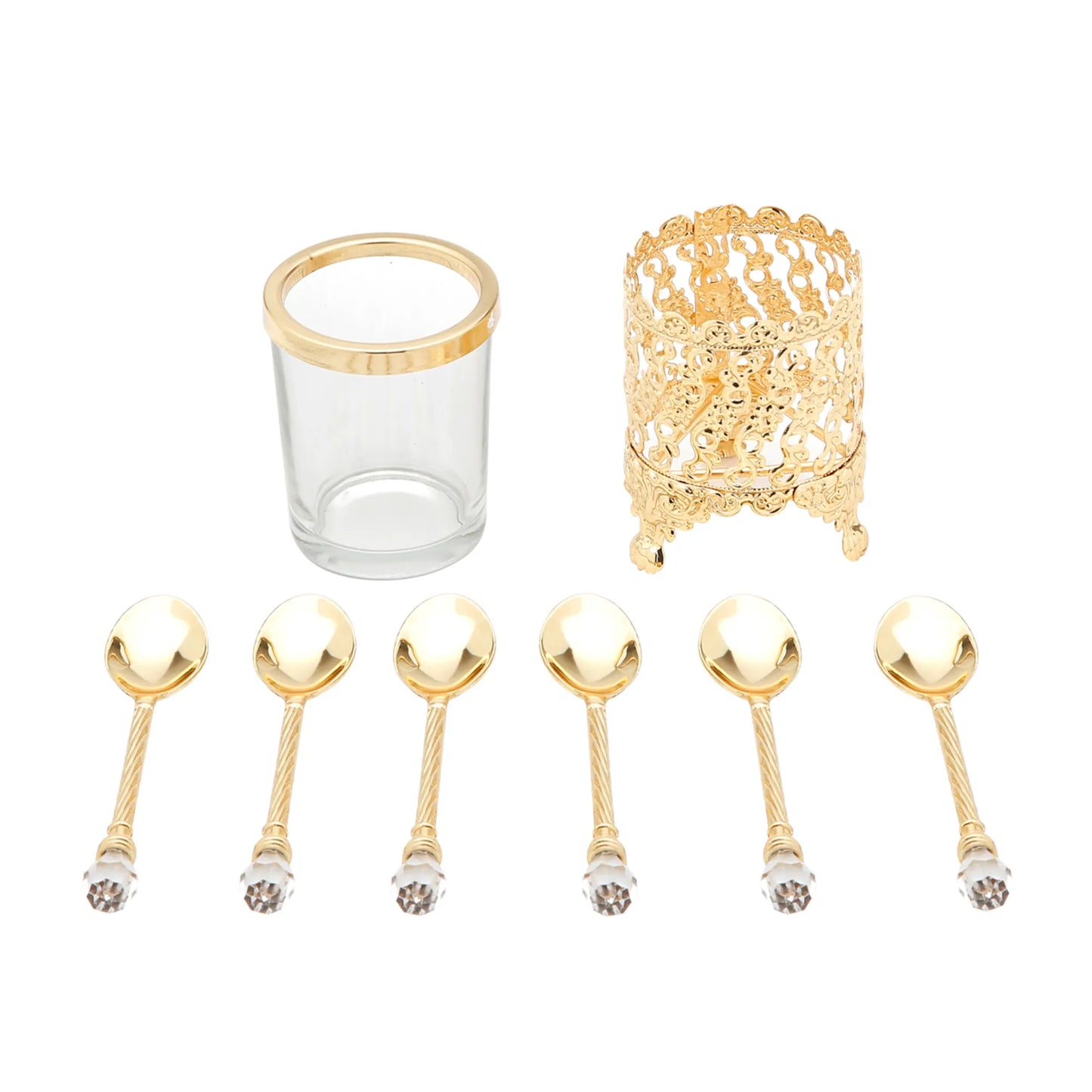 Set de Colheres para Café & Chá - Zamac com Cabo  & Suporte Dourado - 14cm