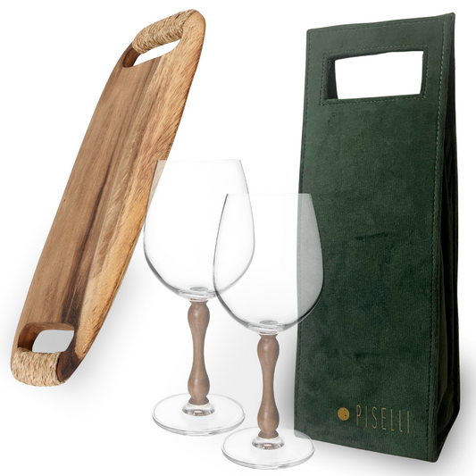 Kit de presente Dia dos Pais com wine bag de veludo, petisqueira de madeira azul e 2 taças Twister.