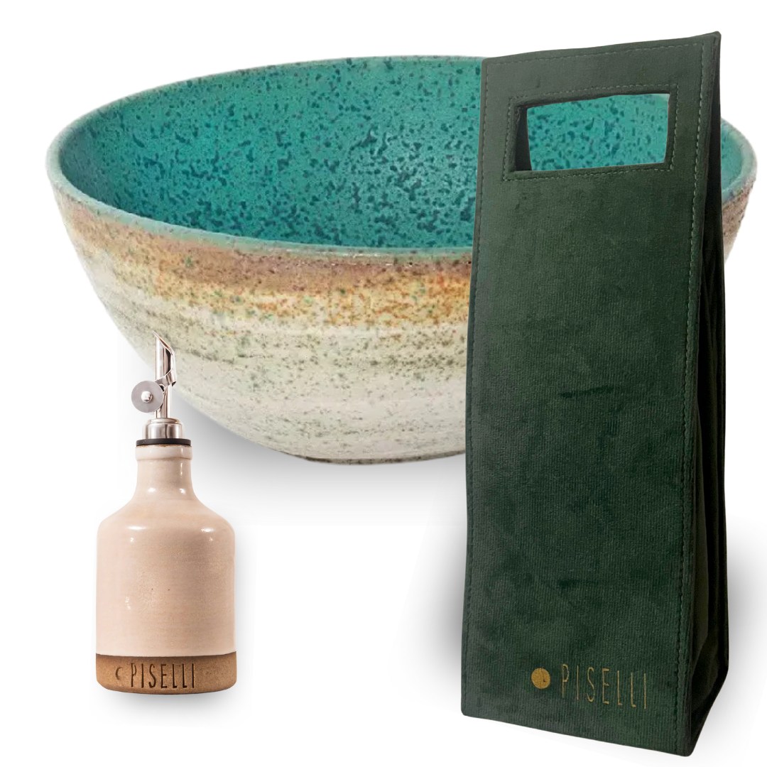 Kit de presente Dia dos Pais com saladeira de cerâmica, wine bag de veludo verde e galheteiro.