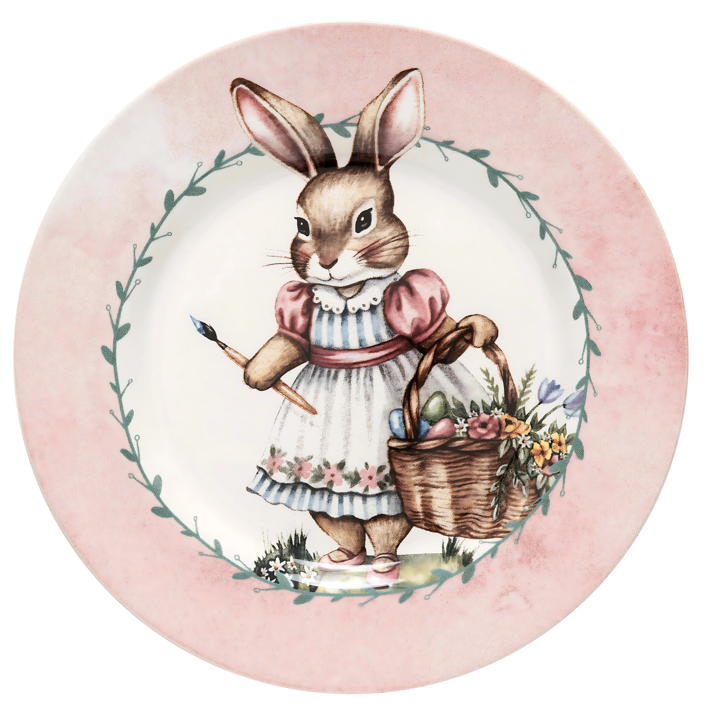 Prato de sobremesa Coelha Pintora (21cm) em cerâmica, com estampa delicada de coelha e tema de Páscoa.