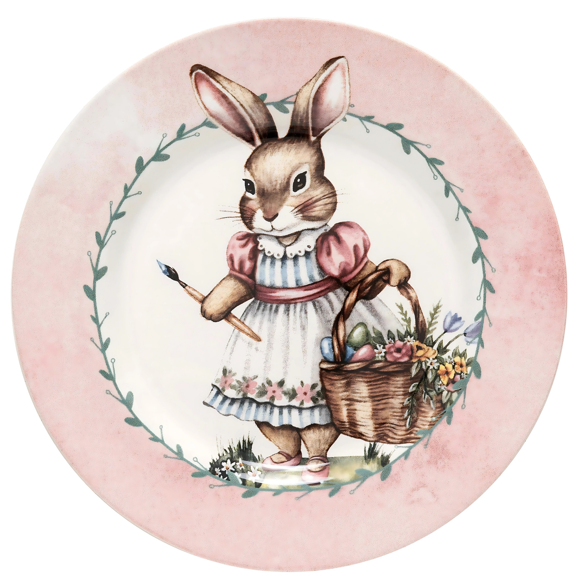 Prato de sobremesa Coelha Pintora (21cm) em cerâmica, com estampa delicada de coelha e tema de Páscoa.