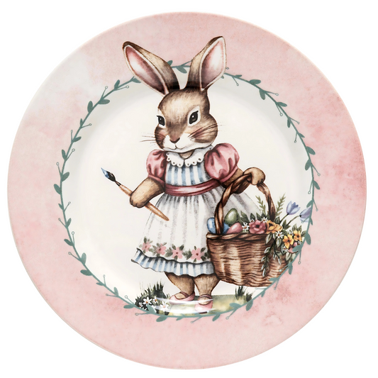 Prato de sobremesa Coelha Pintora (21cm) em cerâmica, com estampa delicada de coelha e tema de Páscoa.