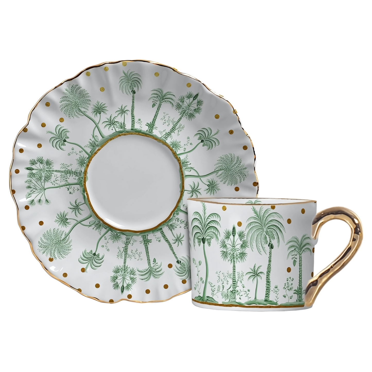 Xícara de chá e pires de cerâmica com estampa de bolinhas (petit poá) e folhagens tropicais verdes.
