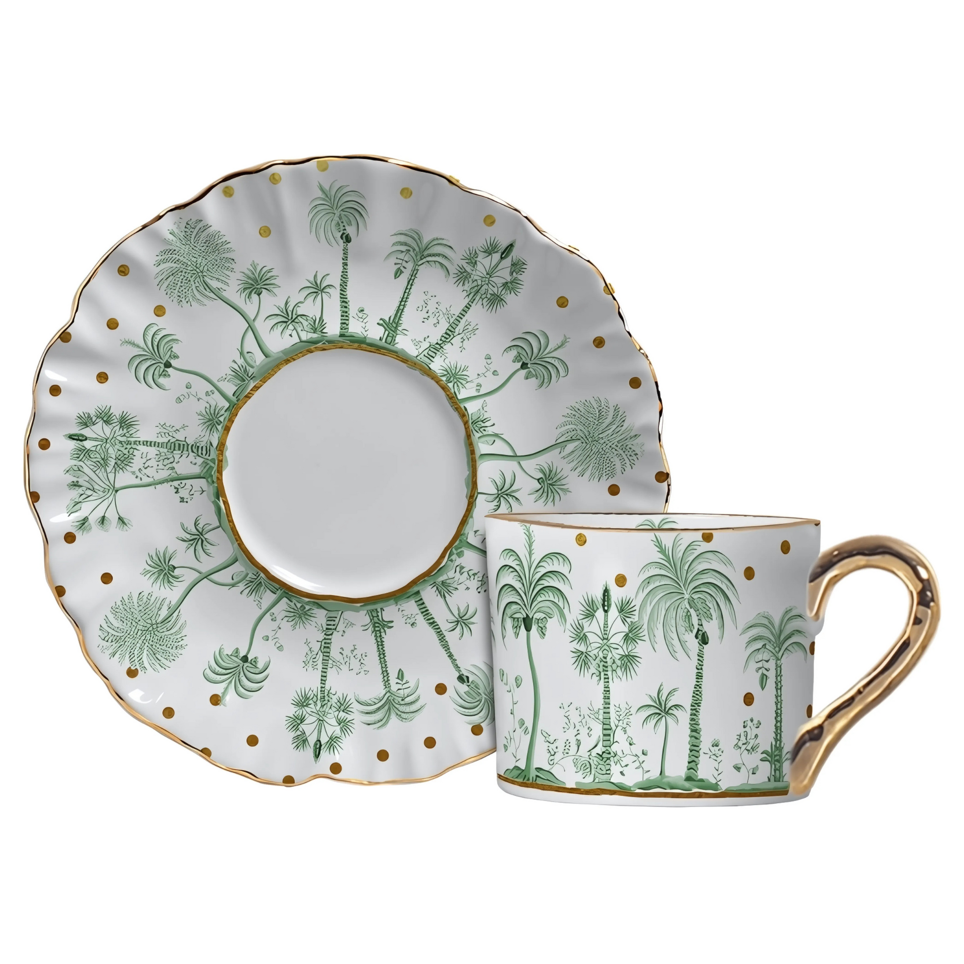 Xícara de chá e pires de cerâmica com estampa de bolinhas (petit poá) e folhagens tropicais verdes.